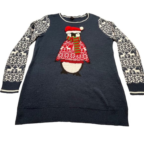 new directions Sweaters - Christmas Penguin Sweater Womens XL Blue Fair Isle Knit New Directions Cozy Y2K